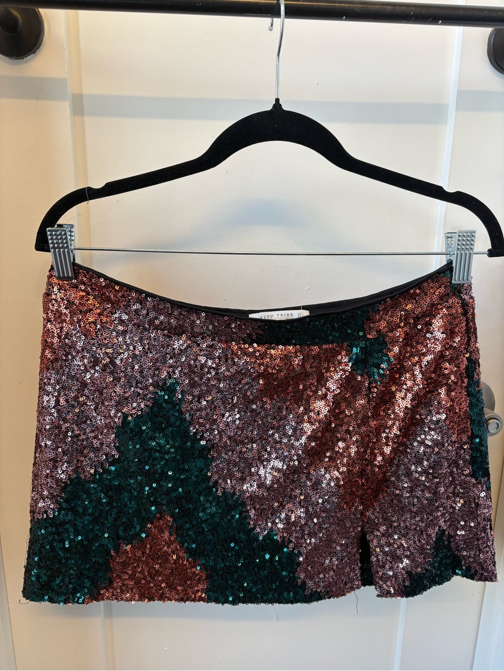 12th Tribe Rose Gold & Emerald Sequin Mini Skirt